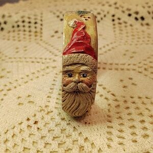 Jim Shore Signed Carved Resin Santa & Holly Chunky Bangle Bracelet Rare